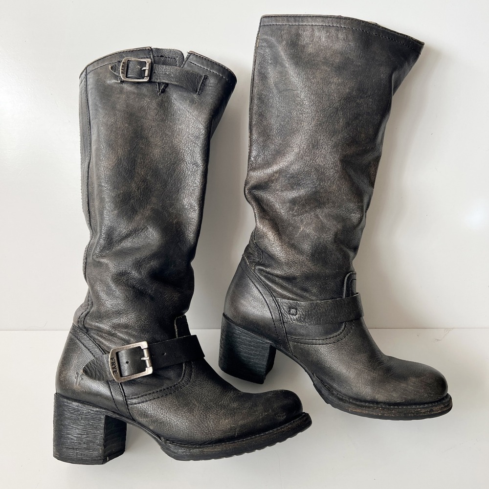 Vintage Frye Slouch Campus Boots Size 8 Black Leather Moto Biker Knee High Tall - Picture 2 of 14